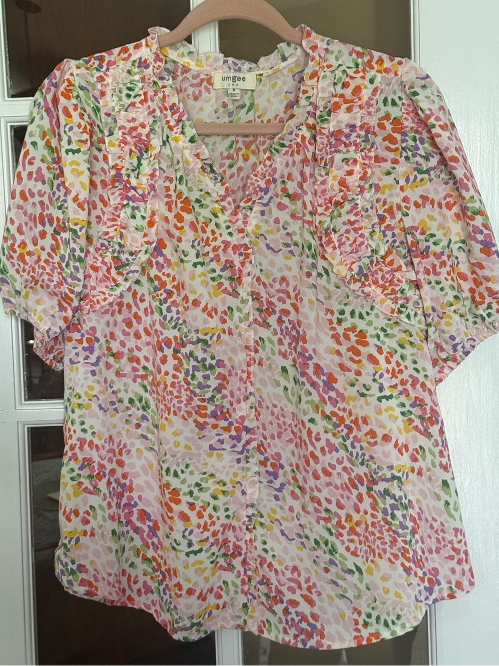 Umgee Pink Multicolor Ruffle-Trim Button Blouse - Picture 1 of 7